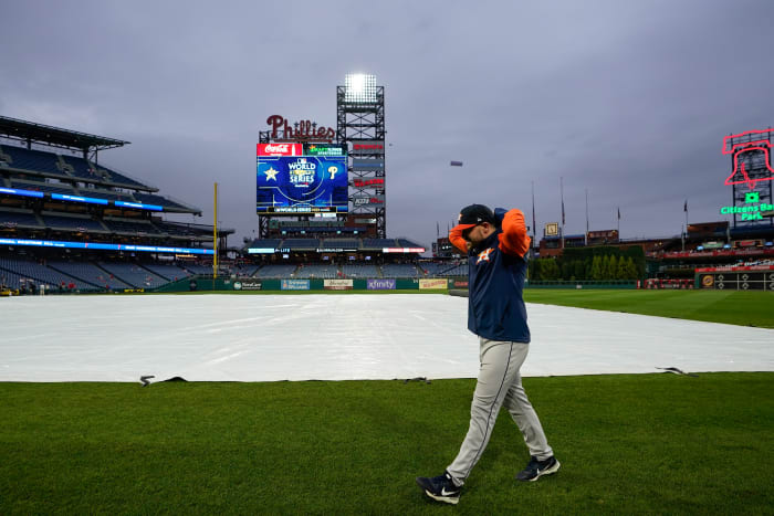 Houston Astros left fielder Chas McCormick walks in the field before Game 3 of baseball's World Series between the Houston Astros and the Philadelphia Phillies on Monday, Oct. 31, 2022, in Philadelphia. The game was postponed by rain Monday night with the matchup tied 1-1.